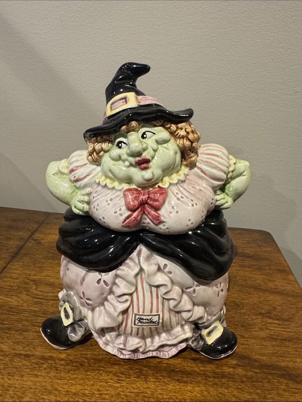 Fitz and Floyd Ceramic Witch Cookie Jar in Green, Black, Cream with Orange Bows